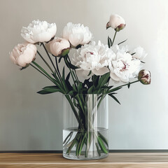 Fototapeta premium Serene Minimalist Peony Arrangement in Glass Cylinder Against Neutral Background
