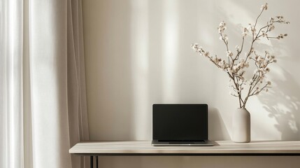 Fototapeta premium Minimalist workspace with a laptop and decorative flower vase