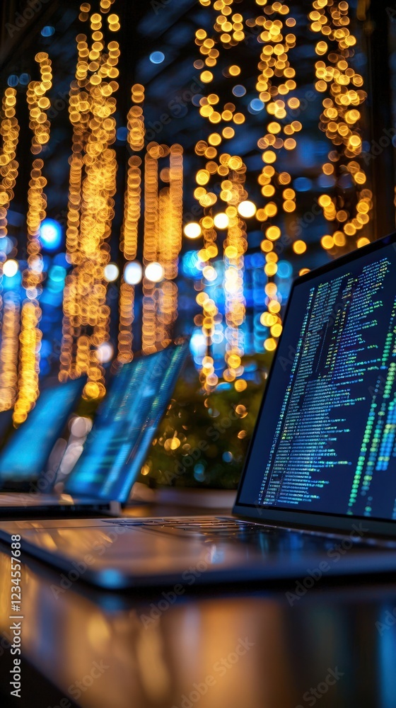 Poster laptops displaying code in a modern workspace surrounded by ambient night lights