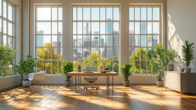 Modern office interior with city view, sunlight streaming through large windows