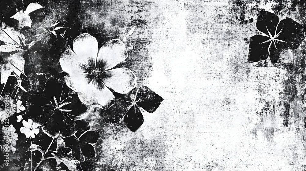 Poster enchanting monochrome floral composition with aged grungy textures and a captivating ethereal a sens