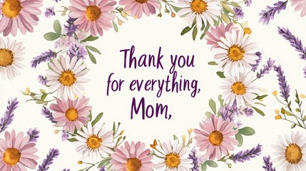 Card with a Floral Wreath Made of Daisies and Lavender, Framing the Words "Thank You for Everything, Mom," Warm and Loving
