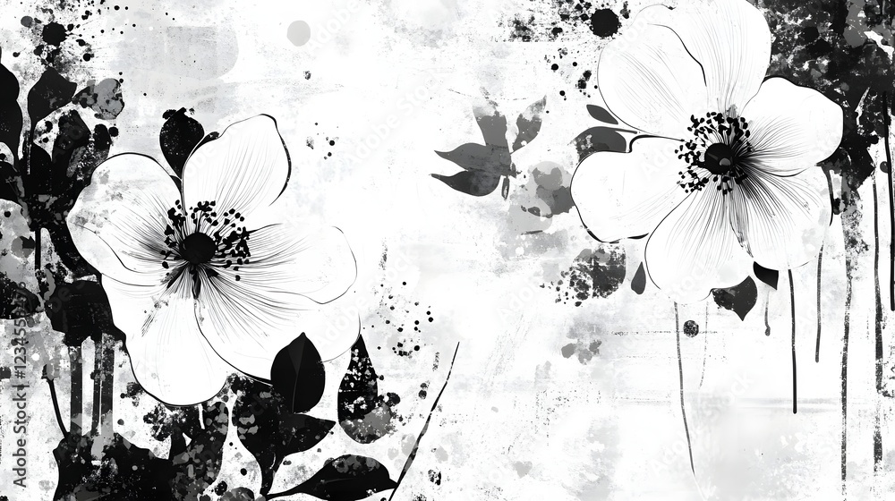 Aufkleber ethereal and captivating black and white floral artwork featuring splatter and splash textures creat