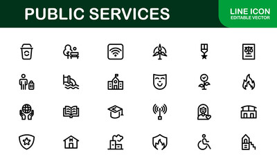 Public Services Icons. Scalable Outline Graphics for Civic, Infrastructure, and Community Service Applications