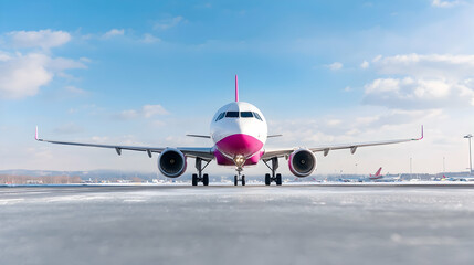Airplane taxiing on snowy runway, winter airport