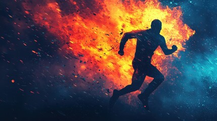 Naklejka premium A silhouette of a runner escapes a vibrant explosion, conveying urgency and action in a dramatic, fiery backdrop.