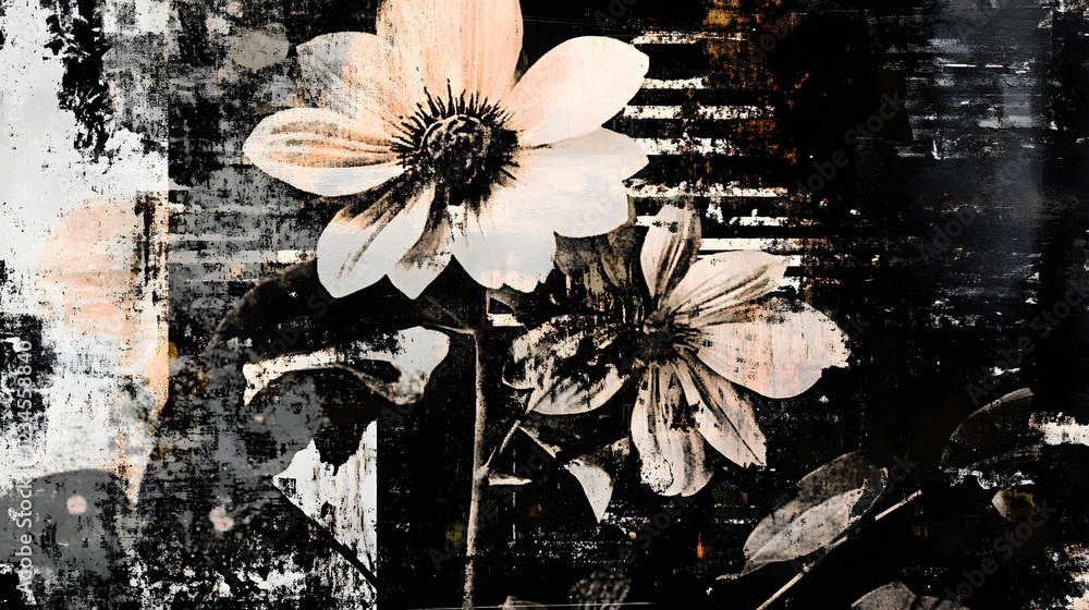Aufkleber Ethereal and captivating monochrome floral composition set against a dark textured background creating a moody atmospheric and visually striking design