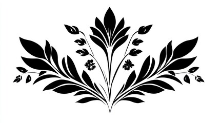 Black floral design; elegant, symmetrical; white background; for invitation or decoration
