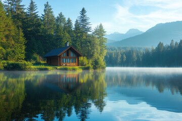 Fototapeta premium Serene Cabin by Lakeside in Tranquil Forest Setting