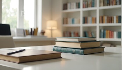 Awaiting Inspiration:  A serene workspace beckons, inviting creativity with a stack of books, a leather-bound journal, and a pen poised for the next literary adventure.