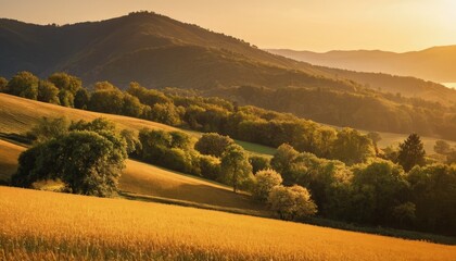 Golden Hour Hills: Rolling hills bathed in the warm, golden light of sunset, showcasing a picturesque landscape of fields and forests. The scene evokes a sense of tranquility and natural beauty.