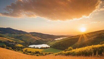 Golden Hour Panorama: A breathtaking panoramic view of rolling hills and a serene lake at sunset, bathed in the warm, golden light of the setting sun.