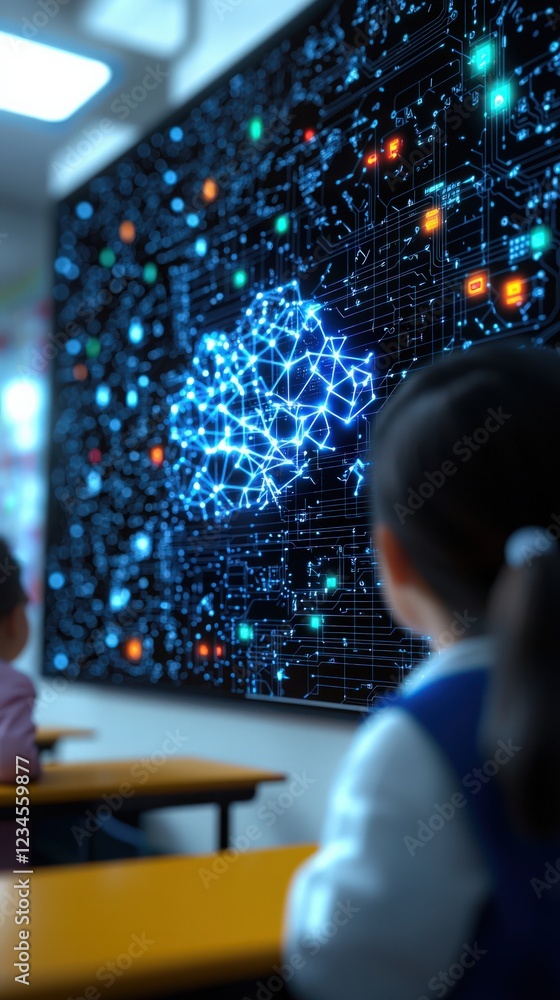 Poster children observing digital neural network visualization in a modern classroom environment