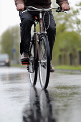 Naklejka premium Biking on a rainy street in a green neighborhood