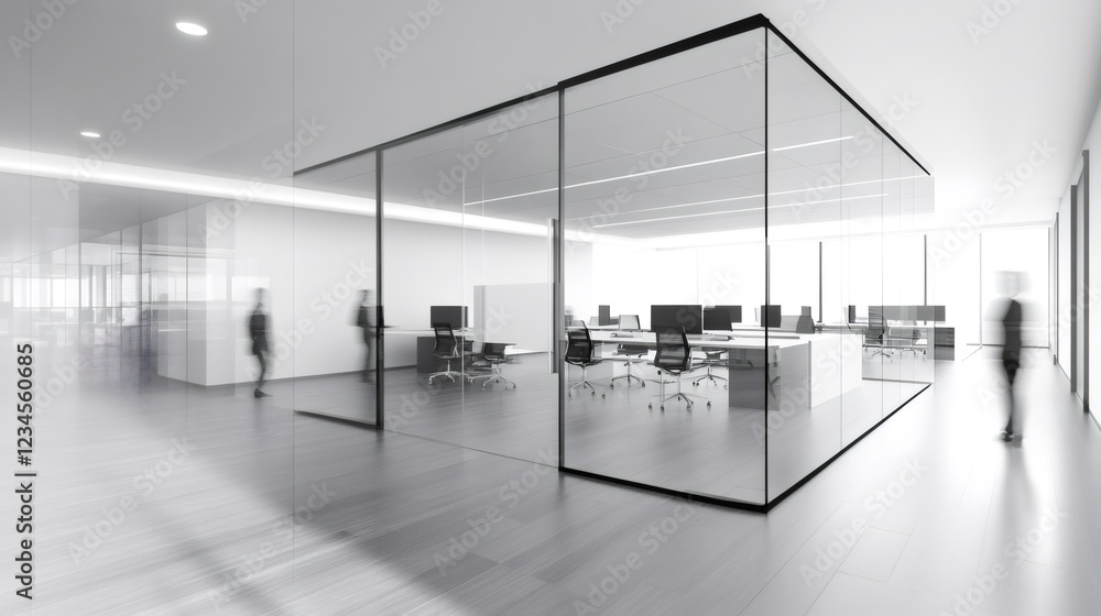 Aufkleber blurred business people are walking in a large modern office space with glass walls, computers and c