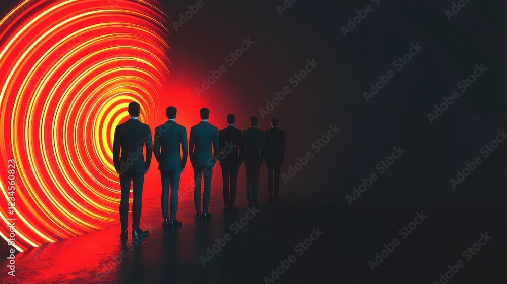 Poster a group of silhouetted figures stands against a vibrant circular light display in a dark setting, cr