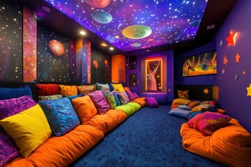 Colorful kids' home theater; space theme, movie night