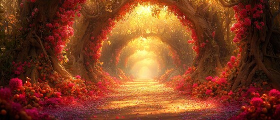 A blooming spring orchard with rows of fruit trees in full flower. The ground is covered in fallen petals, and the warm light of a sunny day adds a sense of renewal and joy 