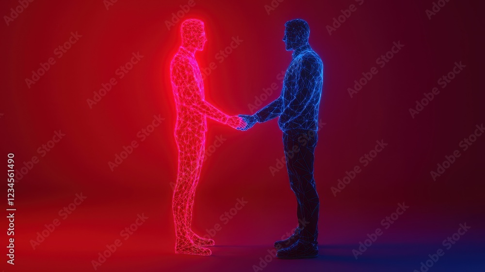 Poster a digital representation of two figures, one in red and the other in blue, shaking hands against a c