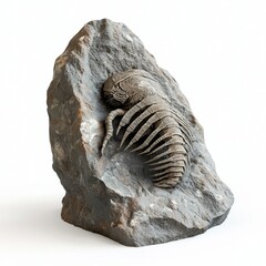 Fossil of an ancient trilobite embedded in a rough stone, showcasing natural history and prehistoric life.