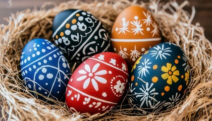 Colorful Hand-Painted Eggs Nestled in a Straw Basket