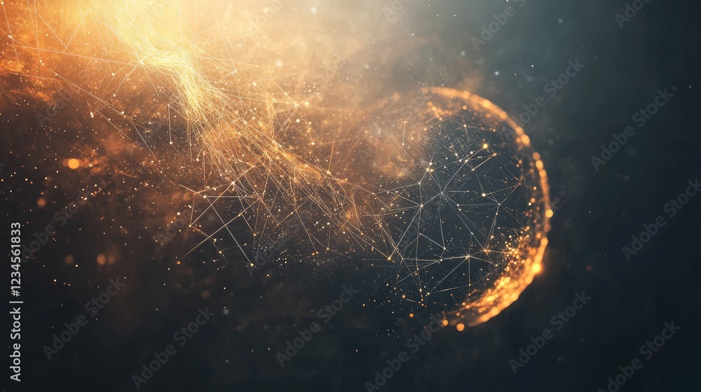 Poster abstract fiery sphere with glowing network connections in dark space.