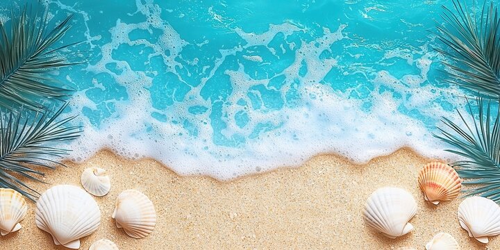 A bright summer beach with turquoise waters rolling onto soft white sand, framed by swaying palm trees. Seashells scatter the shoreline, sparkling under the vibrant sunlight. The clear blue 