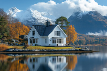 Fototapeta premium the white house on the shore of the lake is a beautiful landscape of the mountain