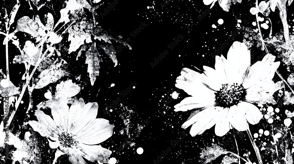 Poster Exquisite black and white floral image featuring a delicate minimalist arrangement of beautiful flowers and botanical elements creating a serene atmospheric and visual