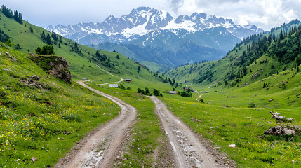 Fototapeta premium Winding dirt road leads through a lush green alpine valley toward majestic snow-capped mountains under a cloudy sky.