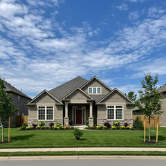 Two-storey house with garden on a sunny day