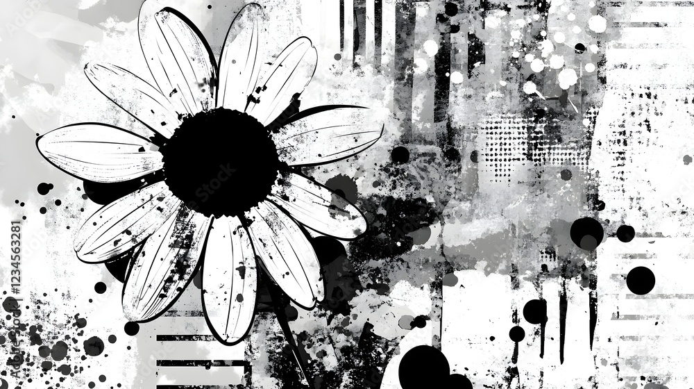 Poster floral monochrome splash abstract grunge background with a striking black and white flower design bl
