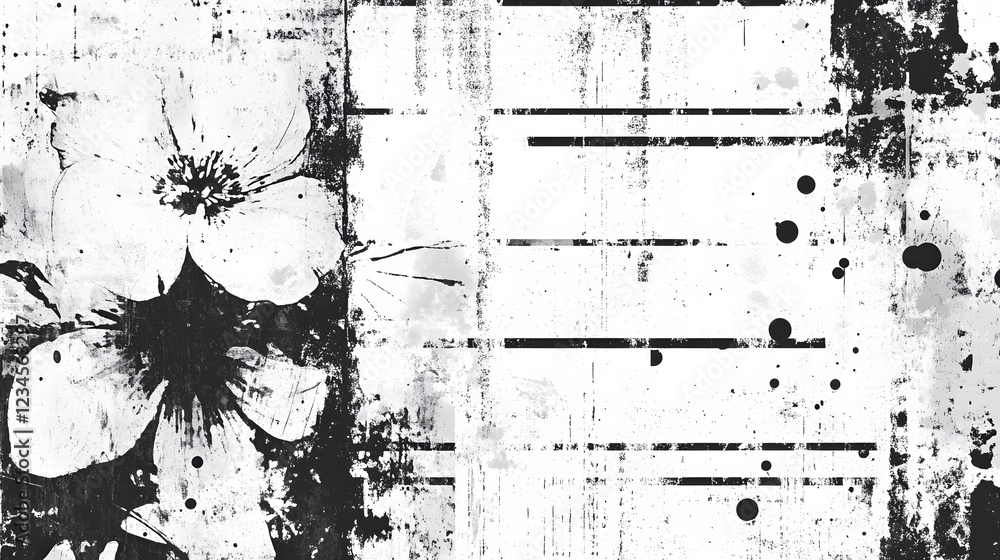 Poster grunge textured floral abstract monochrome vintage background with distressed scratches splatters an