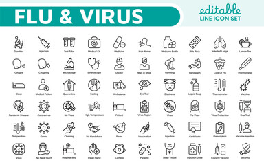 Flu & Virus Icon Set. An essential collection of icons designed to promote health awareness, perfect for enhancing medical materials, educational content, and public health campaigns.