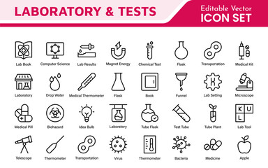 Laboratory and Tests Icon Set. A precise collection of icons for scientific testing and research, perfect for enhancing educational materials, lab websites, and health applications.