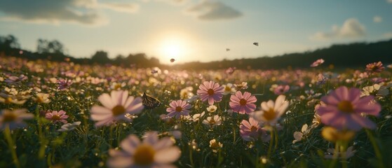 Fototapeta premium A colorful spring meadow stretching toward the horizon, filled with blooming wildflowers in shades of pink, yellow, and purple. Butterflies and bees hover gently among the blossoms, while sunlight 