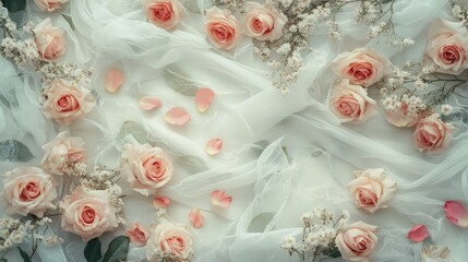 Delicate and airy flat lay with pink roses and scattered petals, symbolizing beauty and romance.