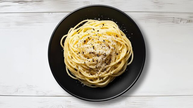 Cacio e pepe pasta dish displayed on white wooden table, restaurant menu template background