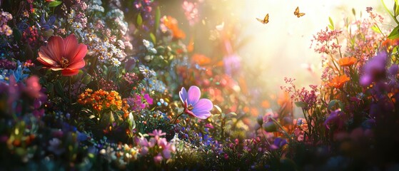 Fototapeta premium A colorful spring meadow with wildflowers blooming under a clear blue sky. The sunlight highlights the vibrant colors of the blossoms, while butterflies flutter among the flowers. The scene 