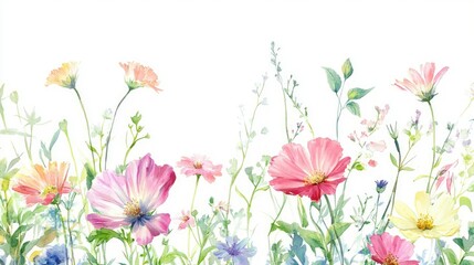 Delicate arrangement of colorful meadow flowers and fresh leaves on a white background, ideal for botanical themes.