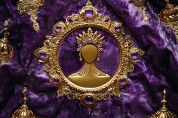 Fototapeta premium Golden Female Symbol on a Royal Purple Velvet Background, Surrounded by Crowns and Jewels, Symbolizing Regality