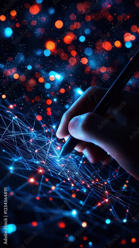 Poster close-up of a hand using a stylus on a vibrant digital network interface with colorful lights