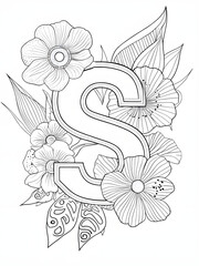 Stylized Letter S Surrounded by Intricate Floral Design Coloring Book Pages