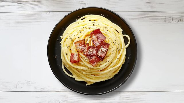 Delicious carbonara pasta dish displayed on white wooden table, restaurant menu template bckground