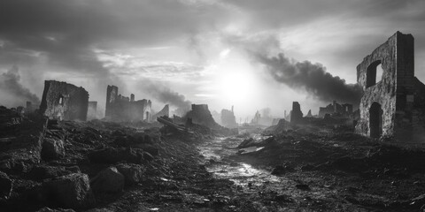 Ruined cityscape in black and white