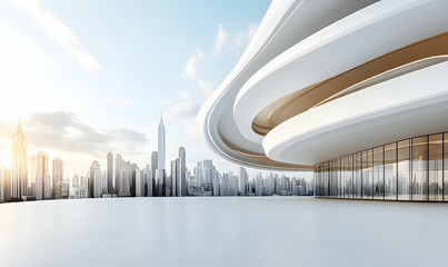 Modern architecture overlooking cityscape; sleek, curved building design with expansive glass facade against urban skyline at sunrise.
