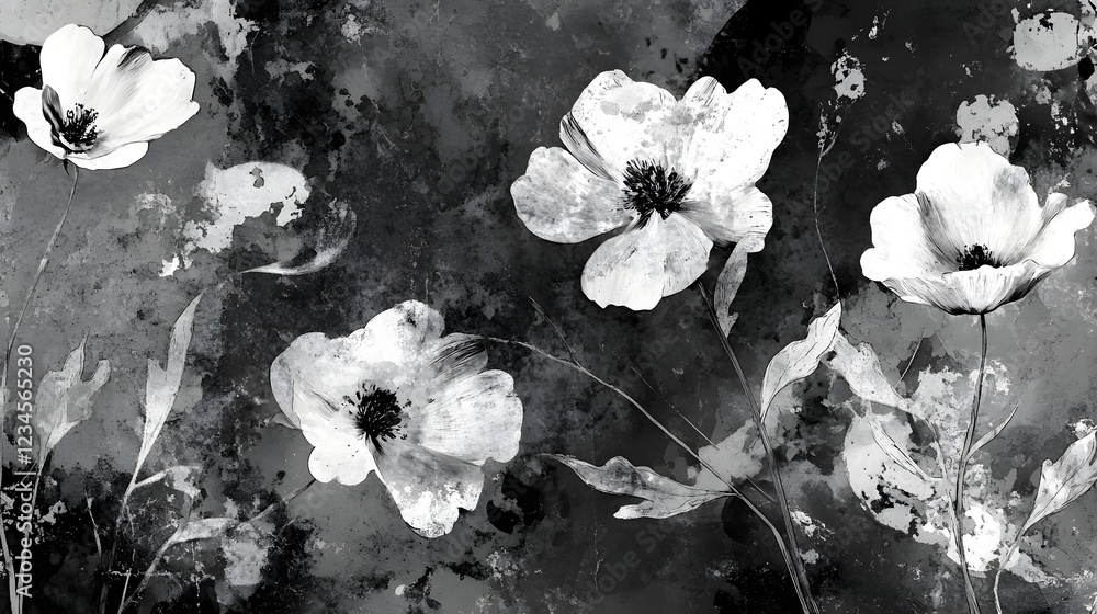Poster mesmerizing black and white floral composition with delicate petals and blooms creating an ethereal 
