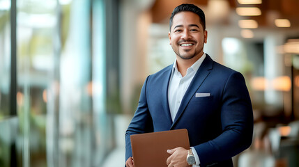 Confident businessman in a blue suit holding a folder while smiling confidently with a professional and approachable look in a modern office setting