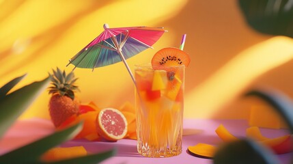Tropical fruit cocktail with mini umbrella and vibrant colorful background setting the summer mood