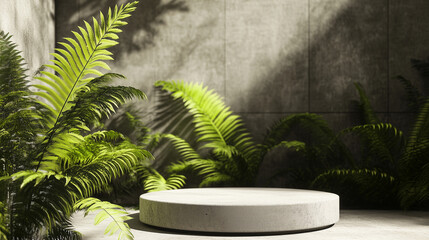 Trade show product display stand with circular concrete platform and lush ferns in background